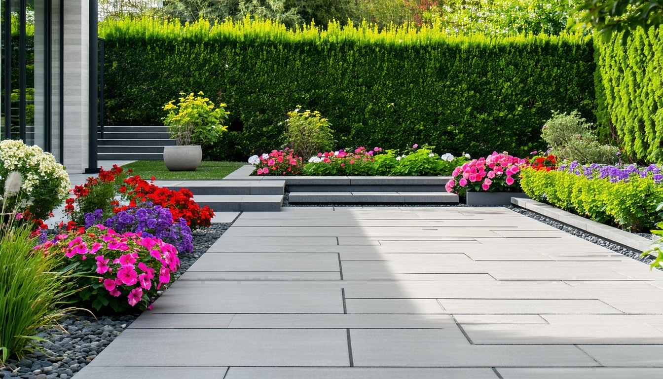 Beautifully landscaped garden with tidy flower beds and modern patio by Akromis