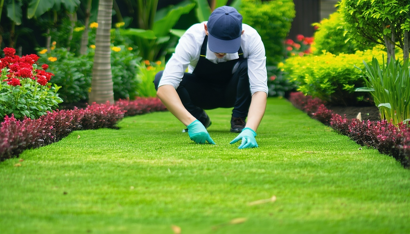 Gardener from Akromis tending to vibrant green lawn and healthy plants
