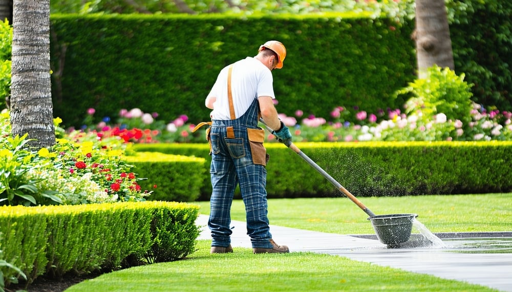 Professional landscaper working in a beautifully maintained garden